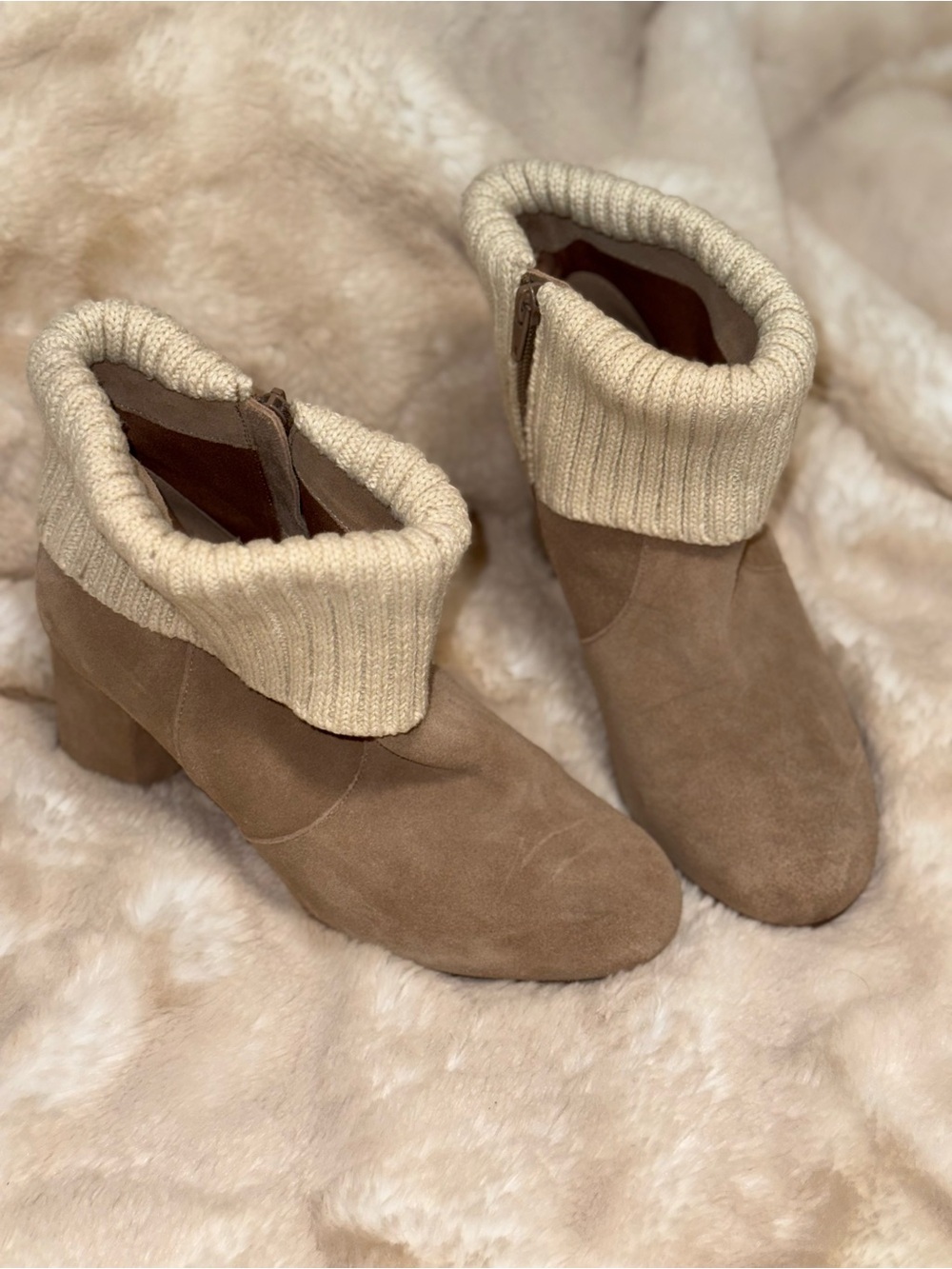 torrid Tan Suede Ankle Boots with Cream Knit Cuff